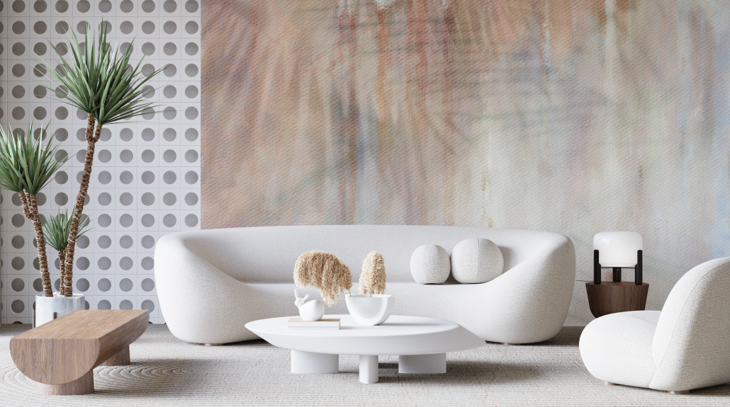 Stunning Living room with soft orange wallpaper